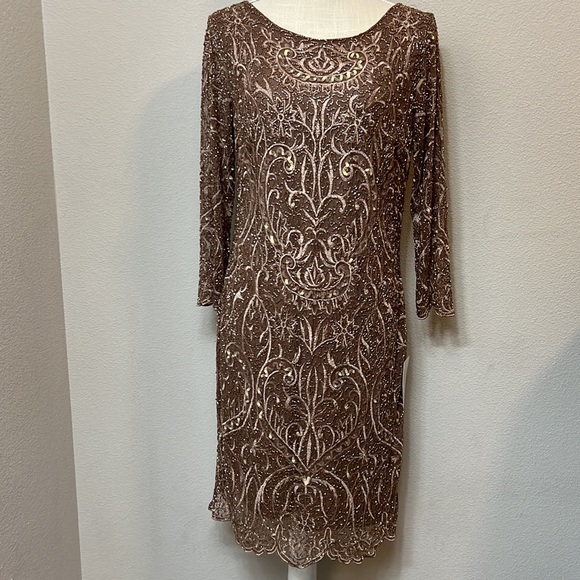 Pisarro Nights Embroidered Cocktail Sheath Dress in Tan - Picture 2 of 9